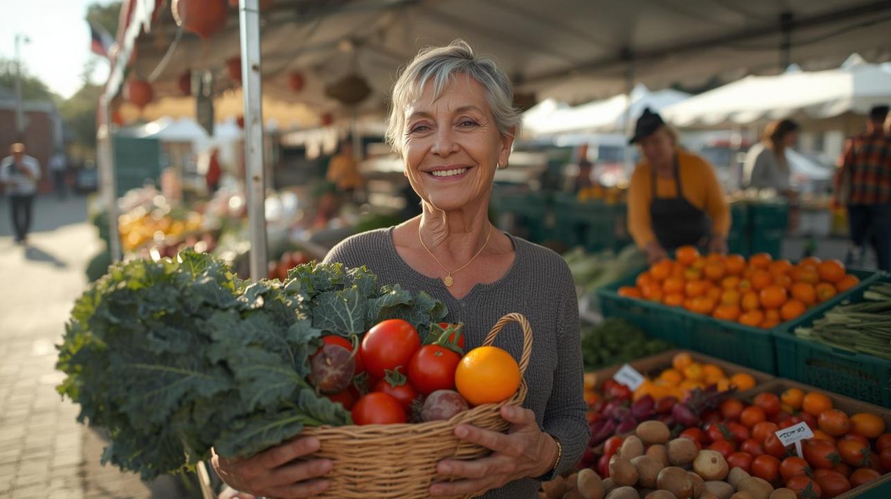 Woman carrying colorful vegetables smiles brightly through bustling morning neighborhood farmers market.
